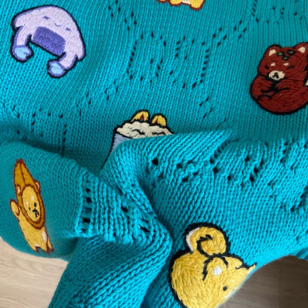 Gucci GG Openwork Cable Knit Embroidered Characters Sweater – Turquoise Blue - Image 6