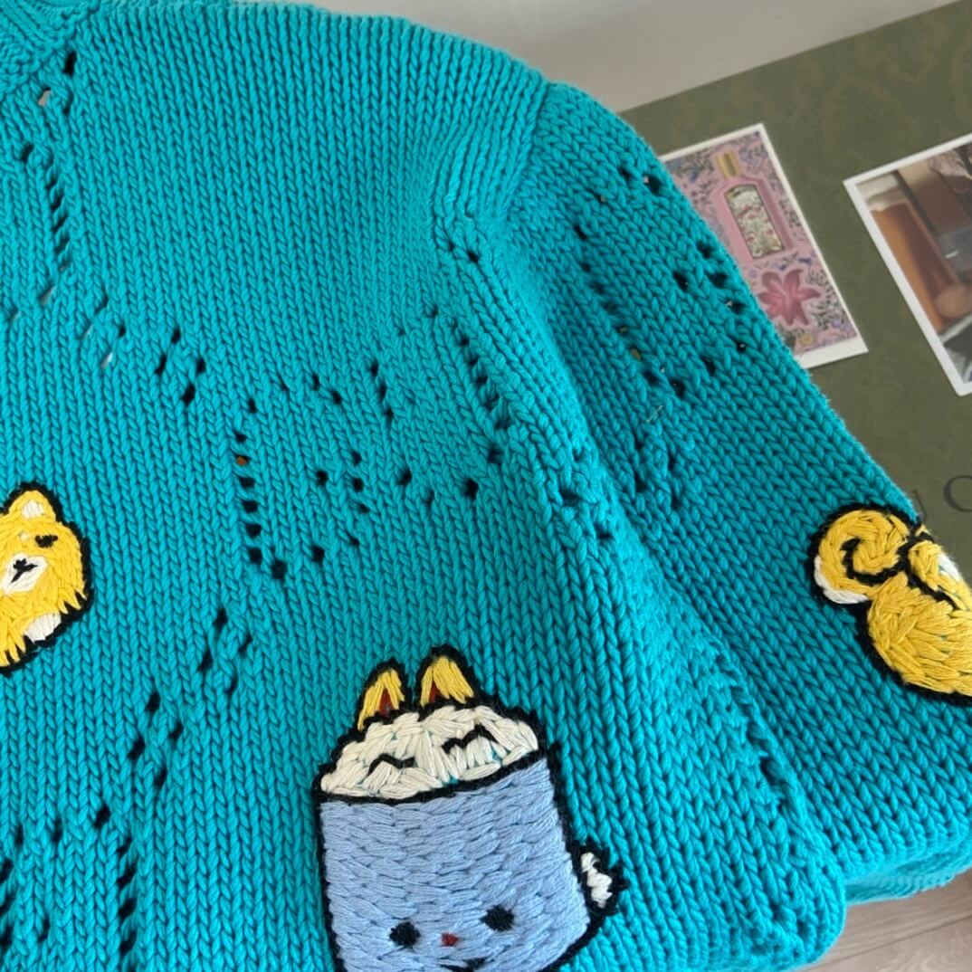 Gucci GG Openwork Cable Knit Embroidered Characters Sweater – Turquoise Blue - Image 8