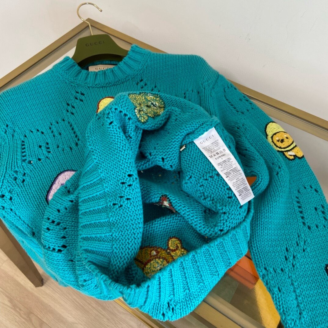 Gucci GG Openwork Cable Knit Embroidered Characters Sweater – Turquoise Blue - Image 9