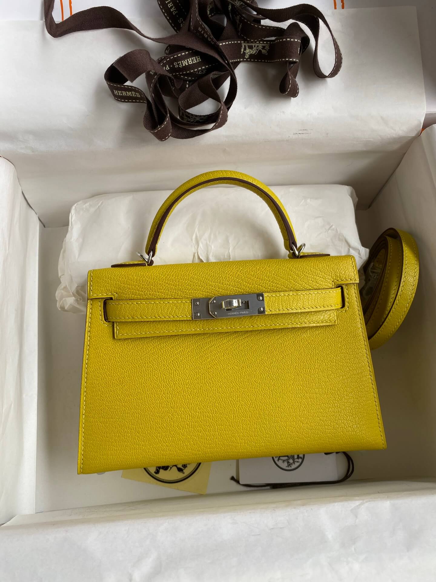 Hermès Mini Kelly II 20 Jaune de Naples Chèvre Mysore Leather with Palladium Hardware (PHW).
