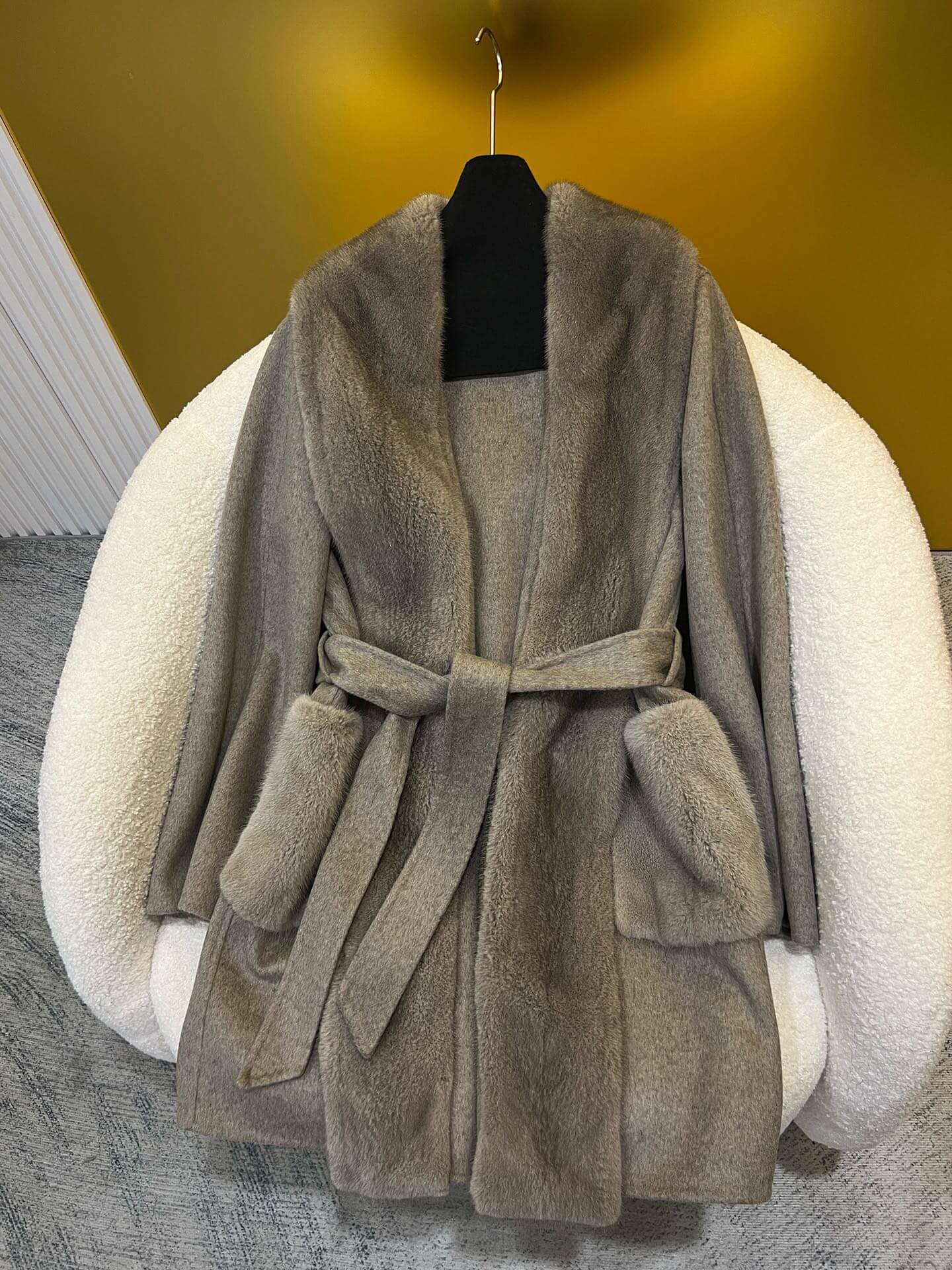 Max Mara Mink Fur Trimmed Cashmere Wrap Coat with Belt