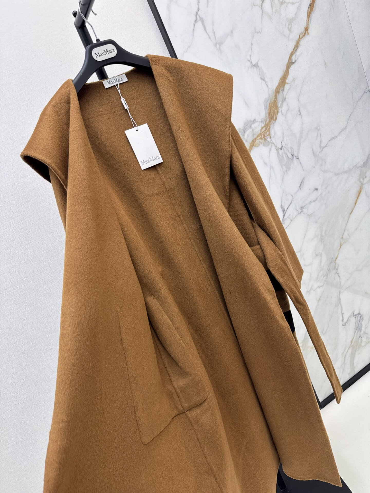 Max Mara Two-Tone Striped Patch Pocket Hooded Cashmere Belted Wrap Coat - Image 2