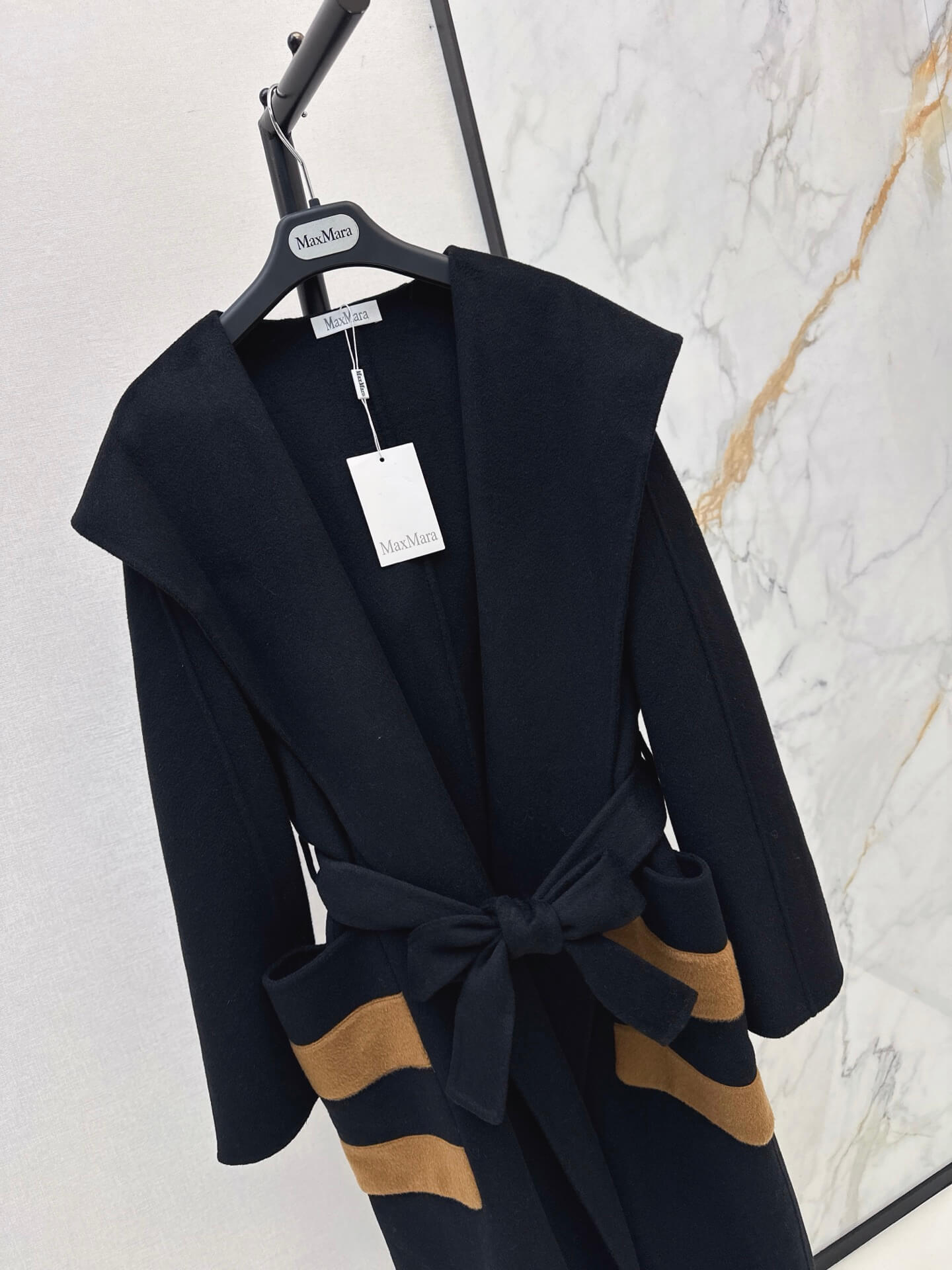 Max Mara Two-Tone Striped Patch Pocket Hooded Cashmere Belted Wrap Coat - Image 6