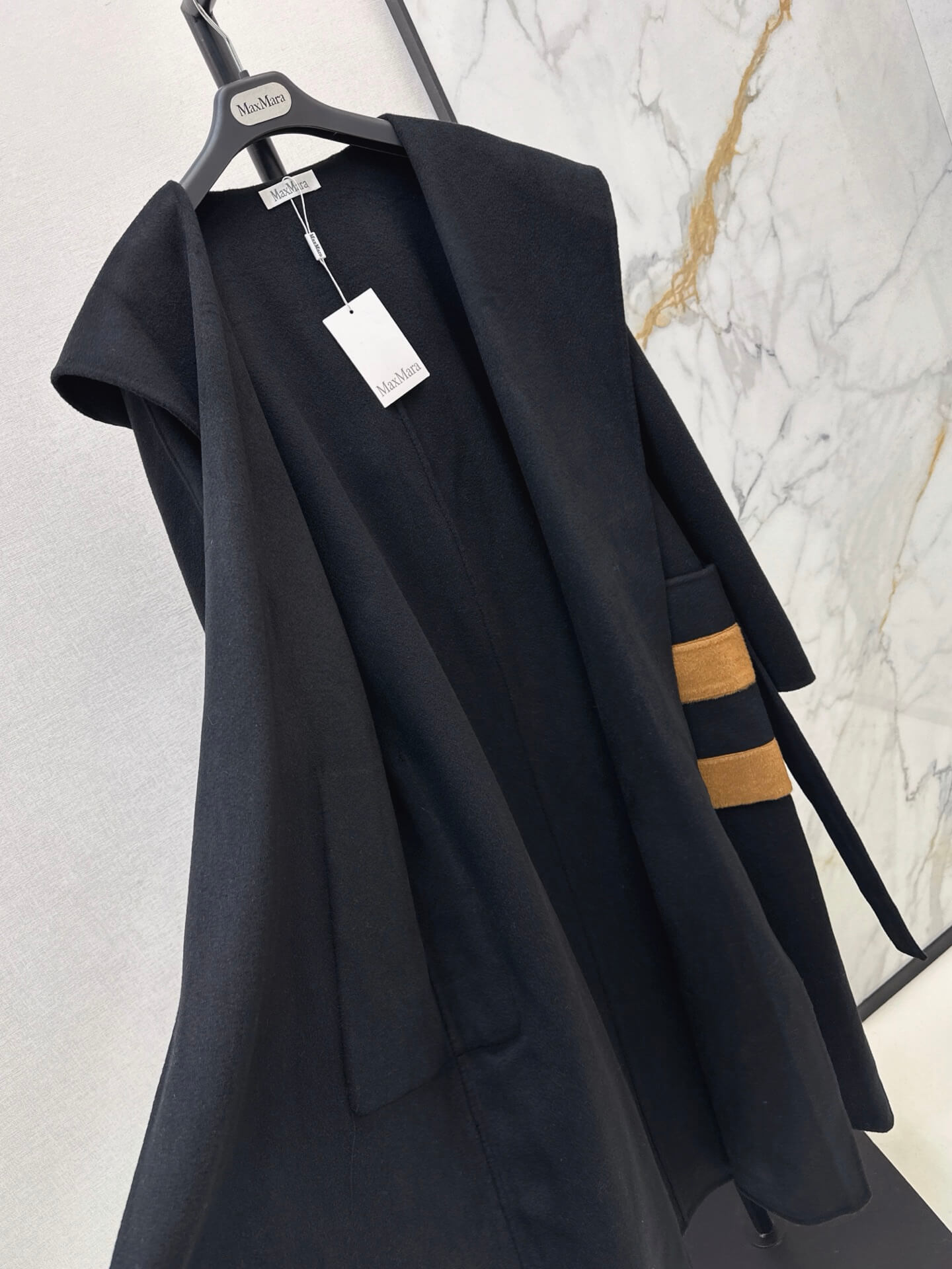 Max Mara Two-Tone Striped Patch Pocket Hooded Cashmere Belted Wrap Coat - Image 7