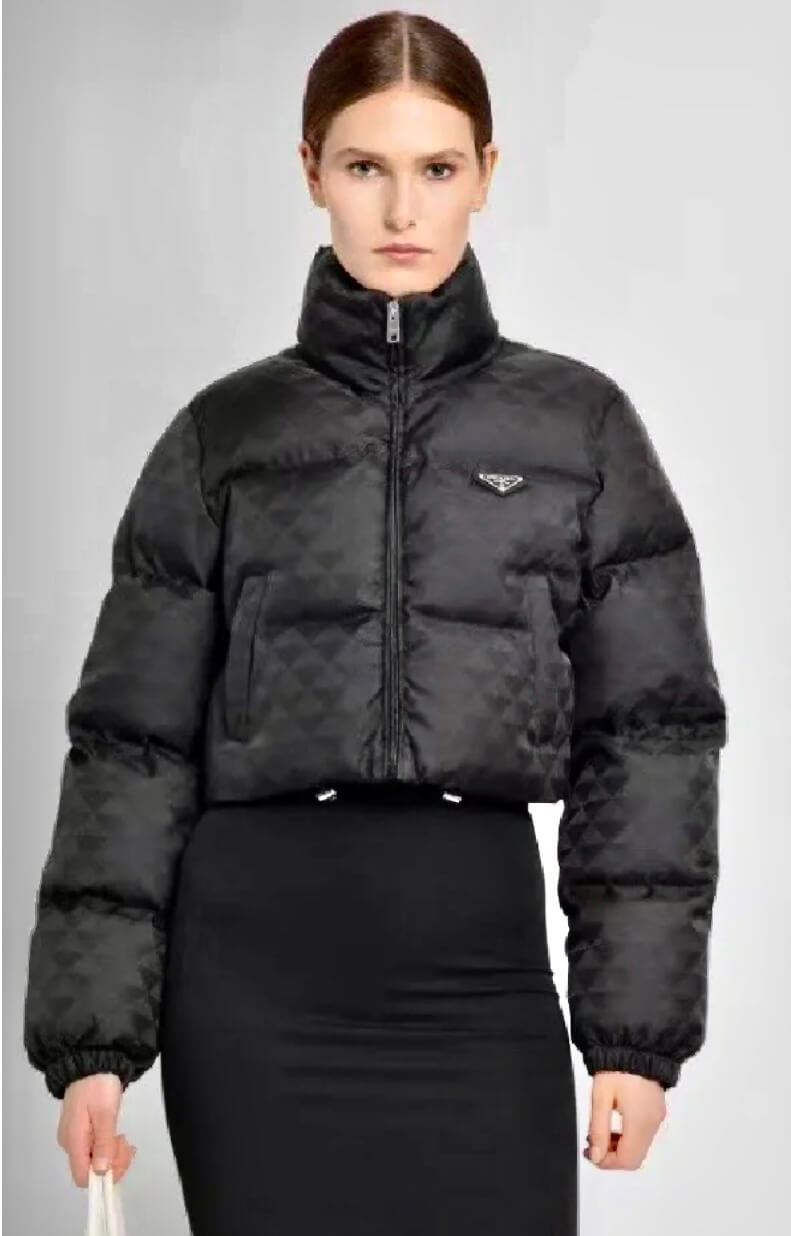 Prada Triangle Jacquard Crop Puffer Jacket – Black