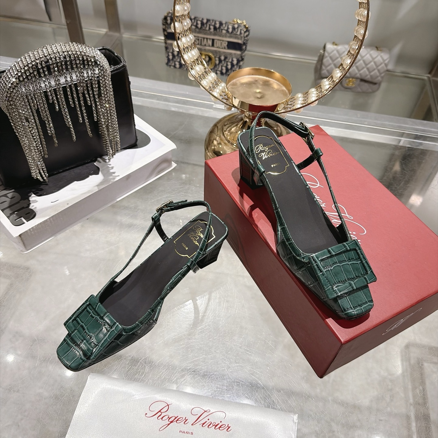 Roger Vivier Belle Vivier Green Crocodile-Effect Slingback Pumps