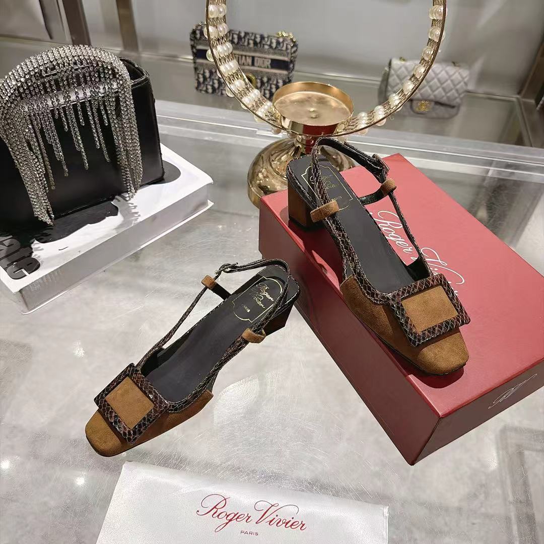 Roger Vivier Belle Vivier Tan Snake-Trim Slingback Pumps
