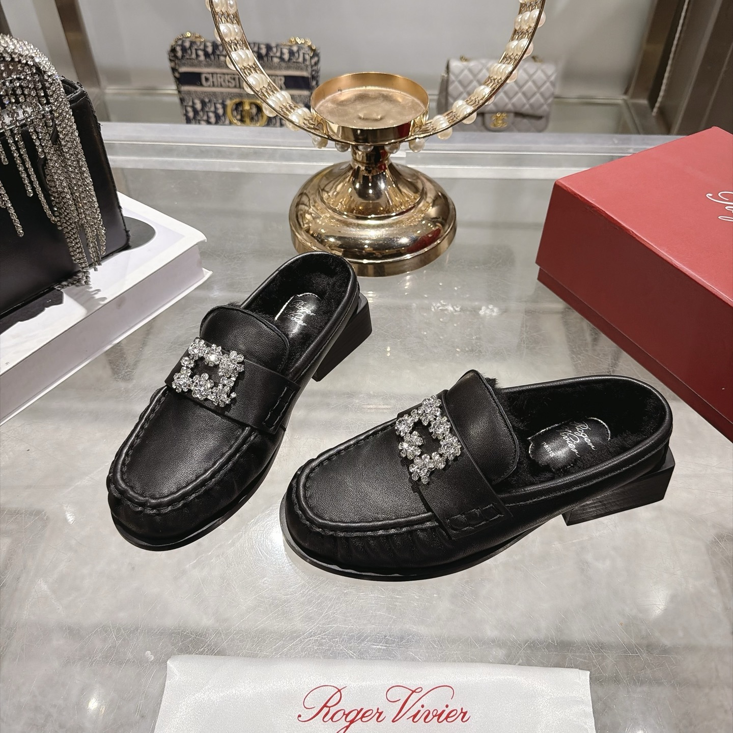 Roger Vivier Black Jeweled Buckle Lined Loafer Mules