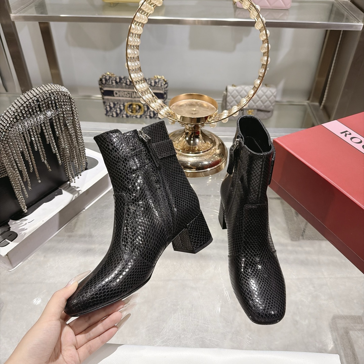 Roger Vivier Black Snakeskin-Effect Buckle Ankle Boots - Image 4