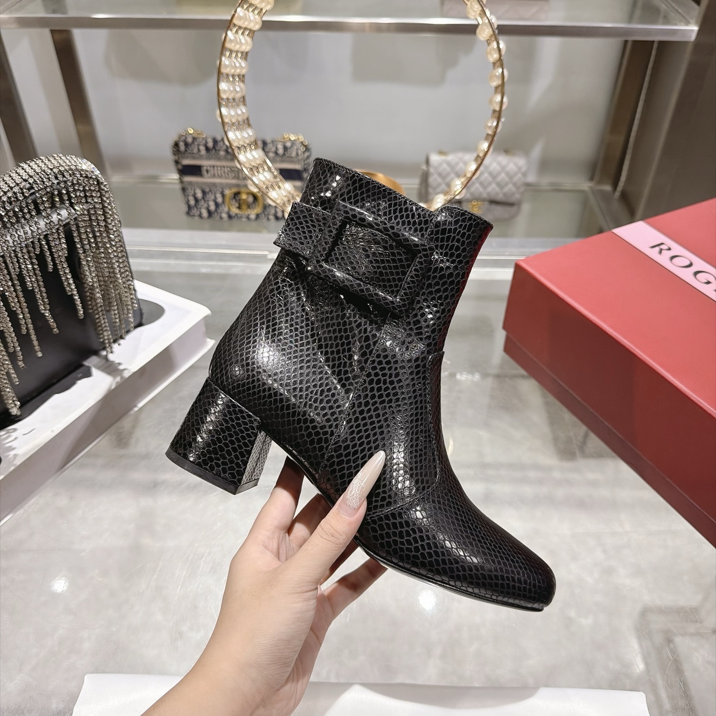 Roger Vivier Black Snakeskin-Effect Buckle Ankle Boots - Image 6