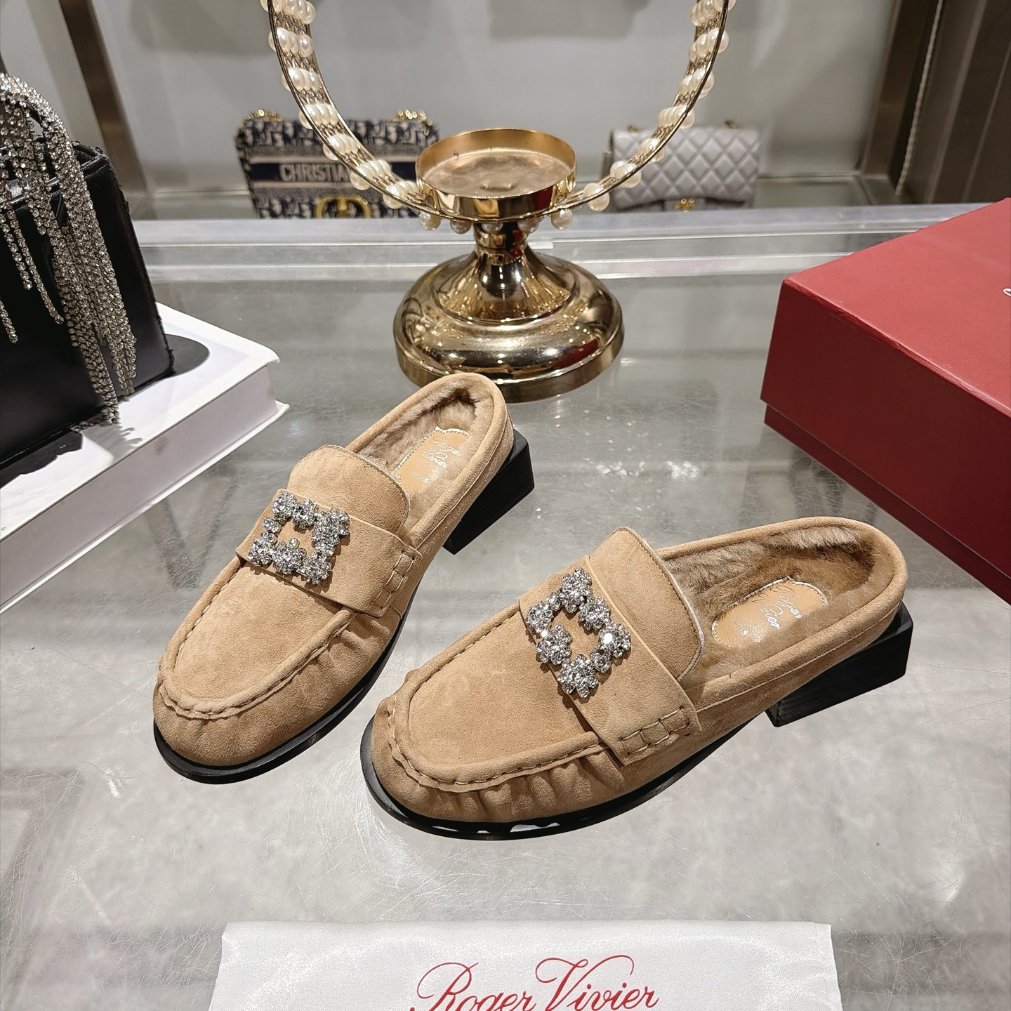 Roger Vivier Slidy Viv’ Beige Jeweled Buckle Loafer Mules